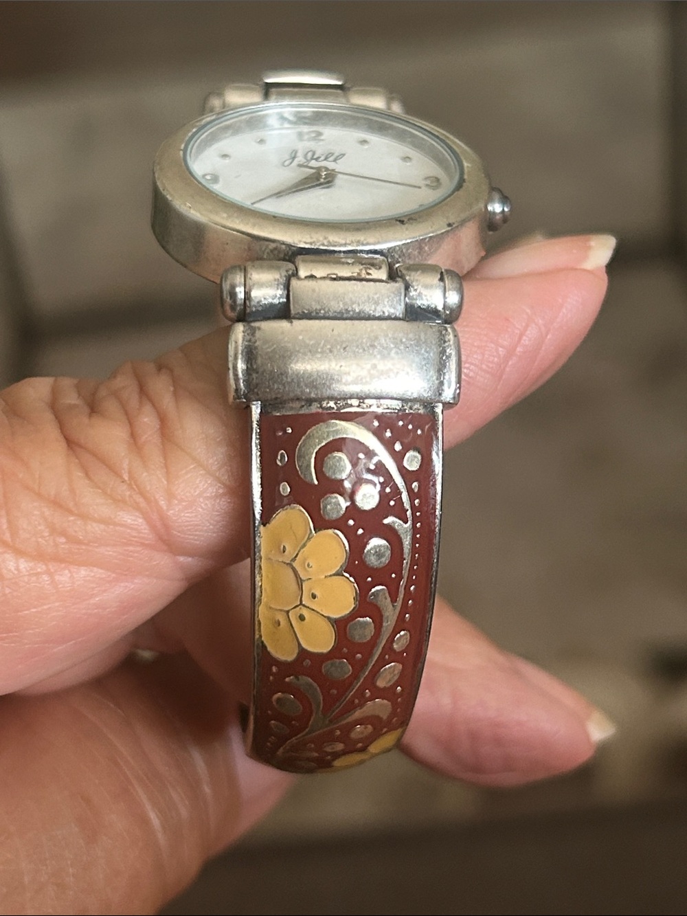 J. Jill White Dial Silver Tone Round Case Rust/gold Floral Hinge Band Watch